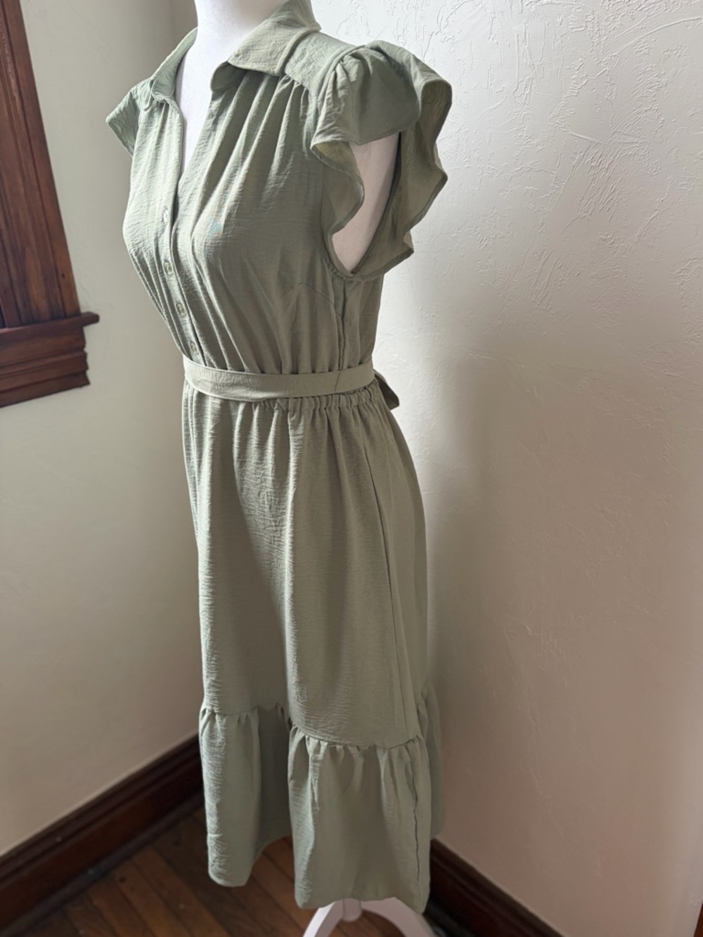 Lucky Brand Sage Green Midi Dress Flutter Sleeve Tie Waist Medium - Picture 5 of 9